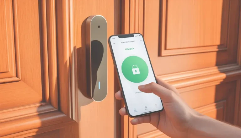 Mano abriendo una cerradura inteligente desde una aplicación móvil en una puerta de madera clásica