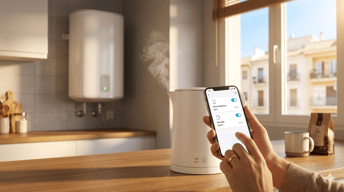 Mano sujetando smartphone con app para encender termo eléctrico inteligente en casa.