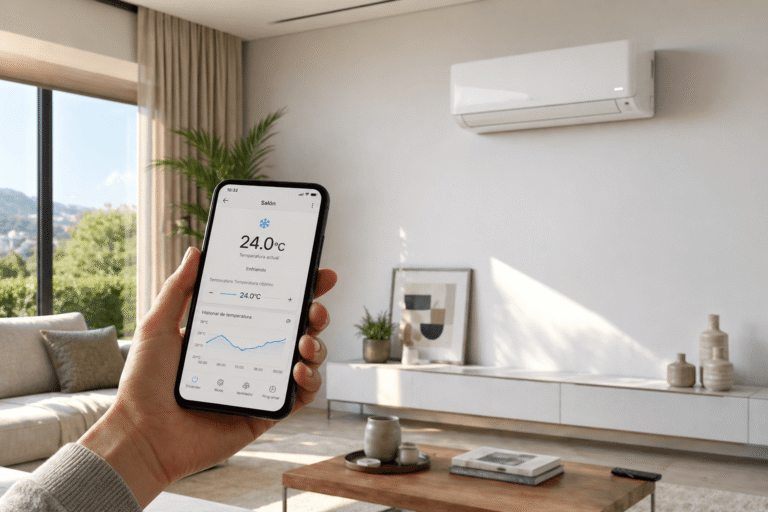 Mujer controlando el aire acondicionado inteligente desde su móvil en un salón en España para ahorrar energía