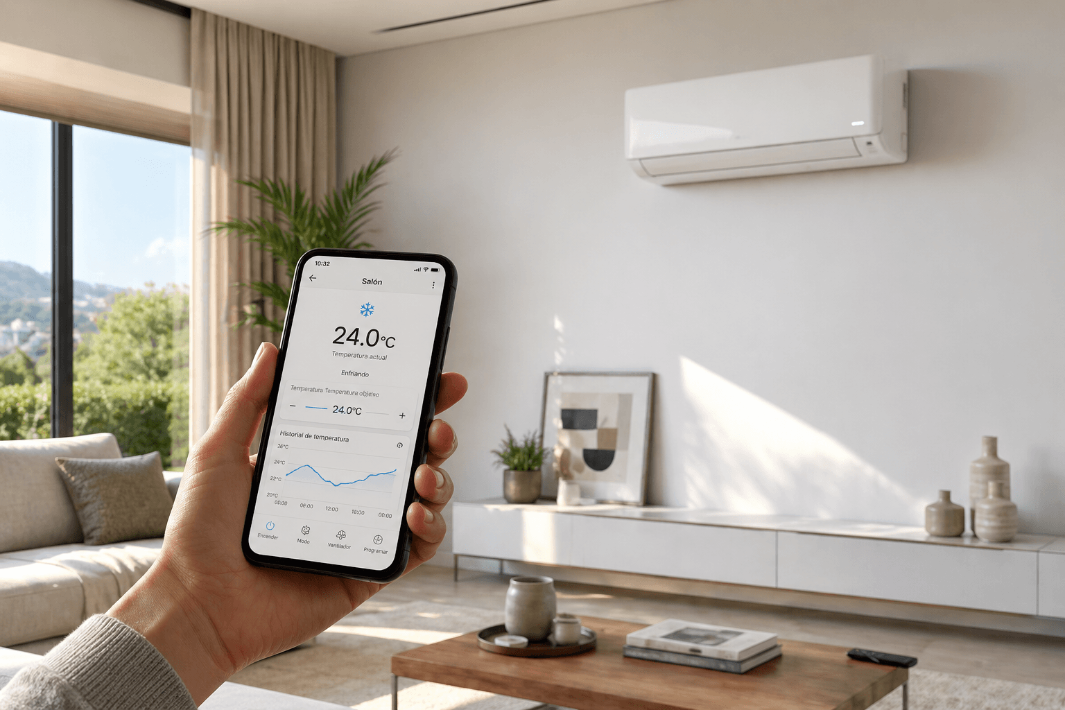 Mujer controlando el aire acondicionado inteligente desde su móvil en un salón en España para ahorrar energía