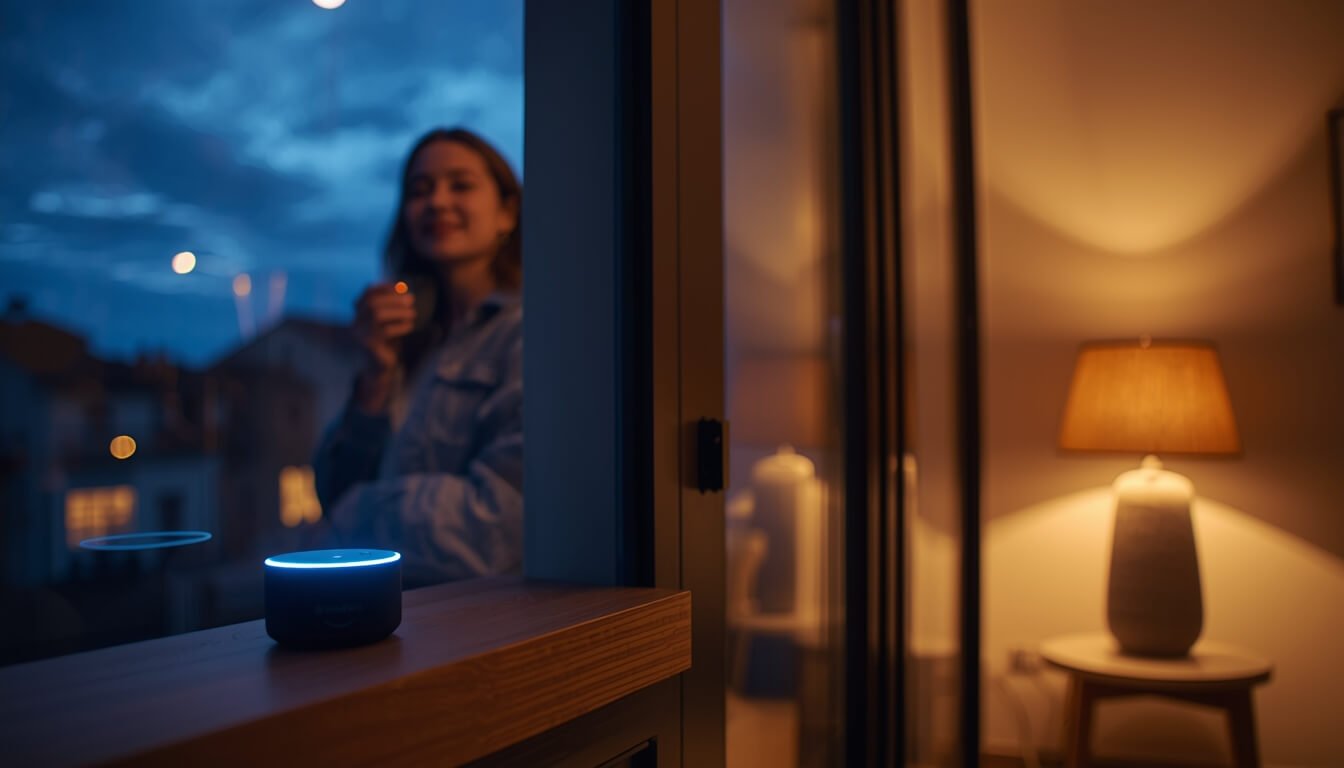 Mujer interactuando con asistentes de voz Alexa y Google Nest en un salón moderno en España.