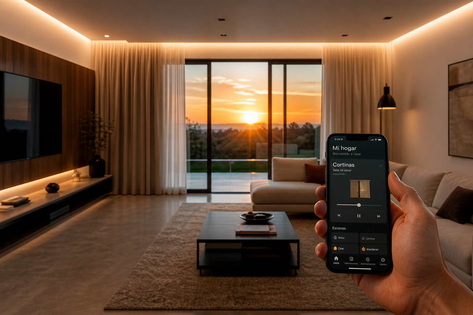 Salón moderno en España con cortinas inteligentes automatizadas para ahorrar energía en verano.